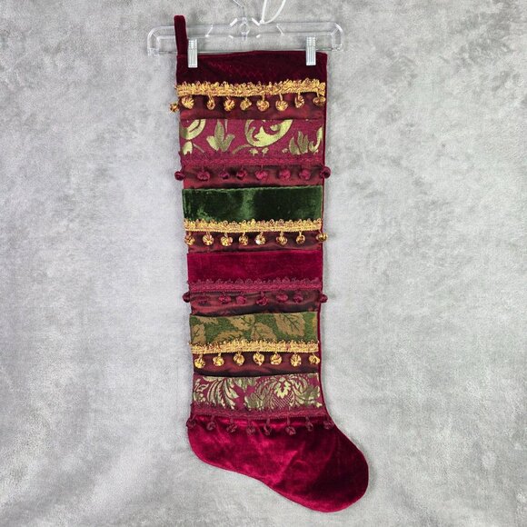 Luxurious Red & Green Velvet Christmas Stocking Multiple Pockets 33" Tall - Picture 2 of 8